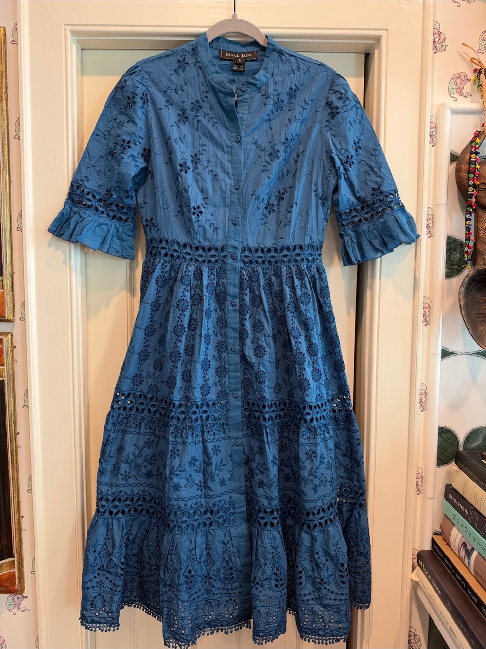 Anthropologie Royal Rain Blue Eyelet Midi Dress with Tiered Skirt